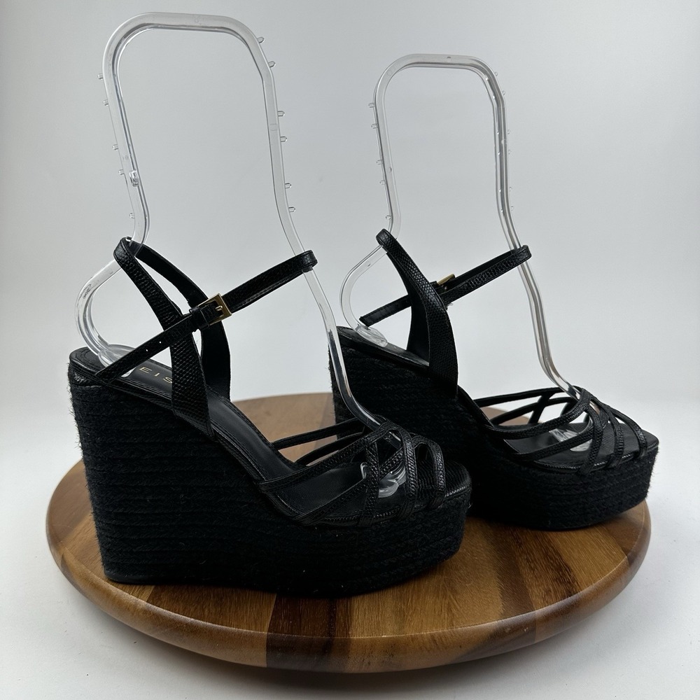 Womens Reiss Elle Black Leather Raffia Strappy Platform Wedge Sandals Size EU 38